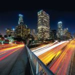Downtown skylines lit up at night, Los Angeles, California, USA